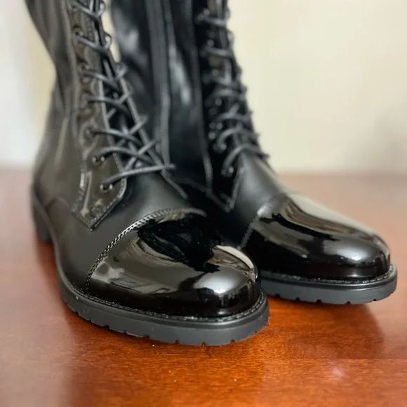 Azalea Wang thigh high Black stretch Faux Patent Lace Up Over Knee combat Boots - Picture 10 of 14